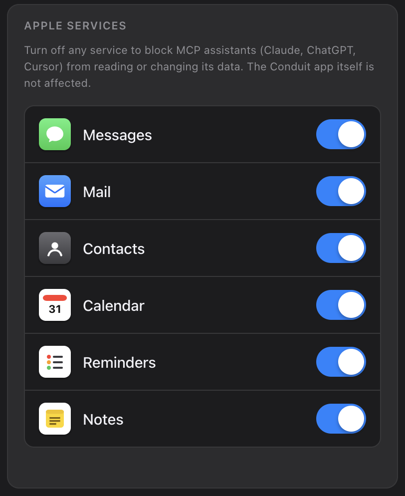 Sendral settings showing per-service on/off toggles for Messages, Mail, Contacts, Calendar, Reminders, and Notes